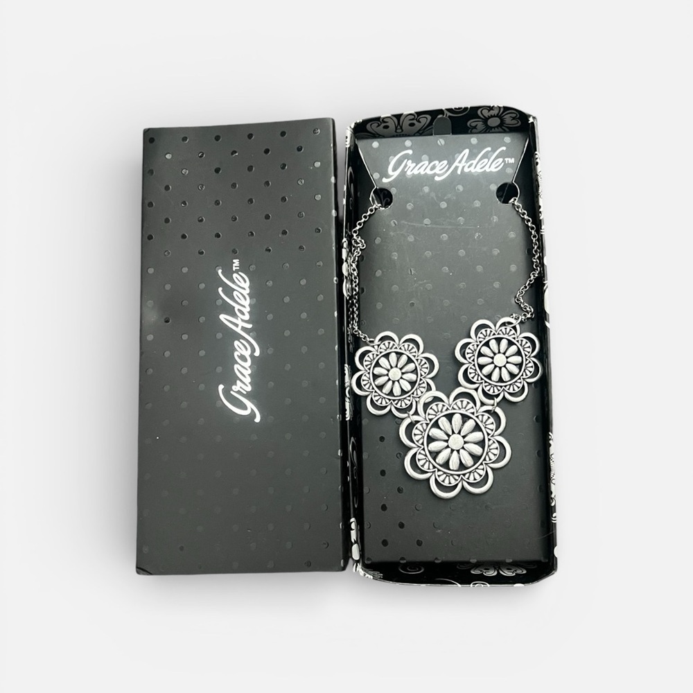 Grace Adele Floral Black and Silver Necklace